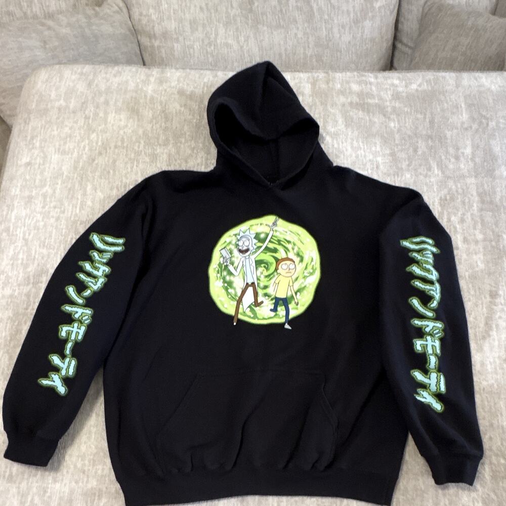 Adult Swim Rick and Morty Men’s Black Pullover Hoodie XL Fleece Graphic Pocket